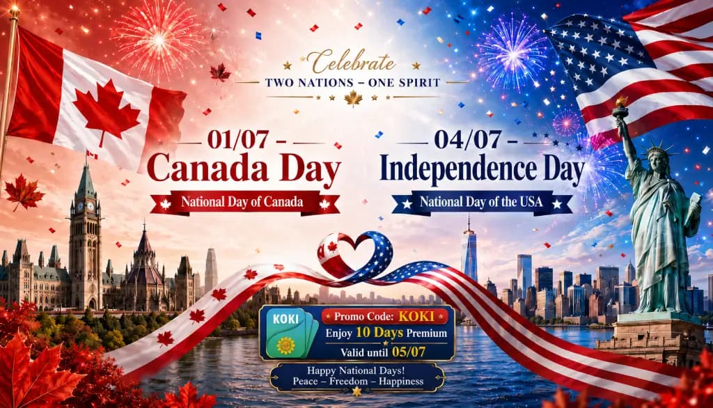 Celebrate Canada Day and U.S. Independence Day with KOKI – Get 10 Days Premium